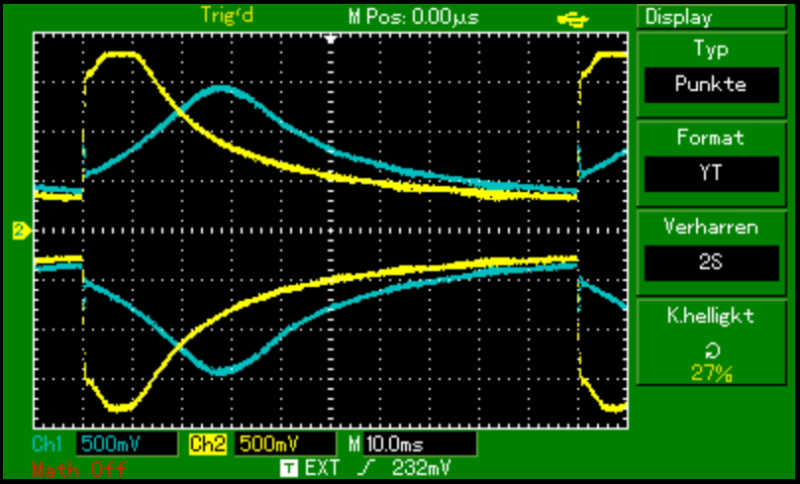 Im Vergleich mit einer "unverbastelten" XC-Platine, <br />gelb: R28 = 470K; max 3,2-3,6 KHz<br />blau: R28 = 330K "unverbastelte" XC-Platine; max 4,4KHz<br />(470K sind zu viel .... )