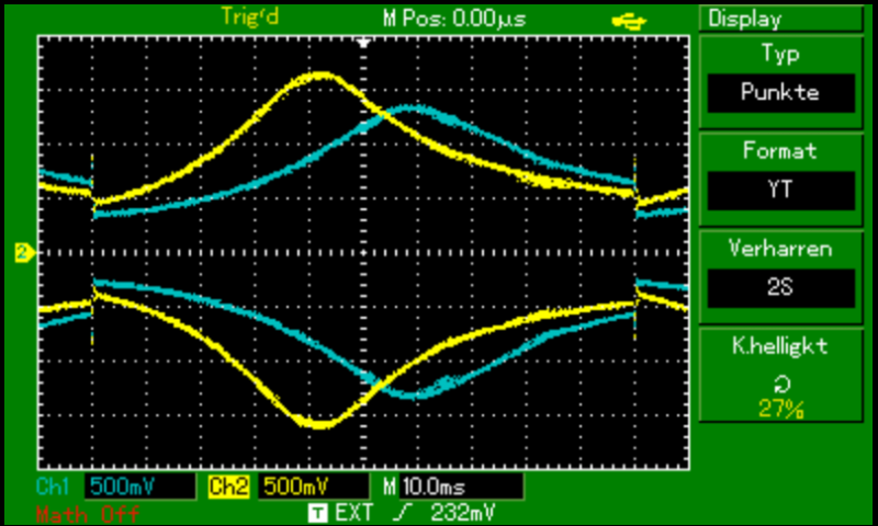 2.png (34.51 KiB) 8836 mal betrachtet Im Vergleich mit einer "unverbastelten" XC-Platine, <br />gelb: R30 = 300K; max 5,1KHz<br />blau: R30 = 220K; max 5,9KHz