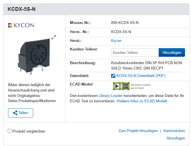 Mouser KCDX-5S-N mit 10mm Abstabd der vorderen Pins